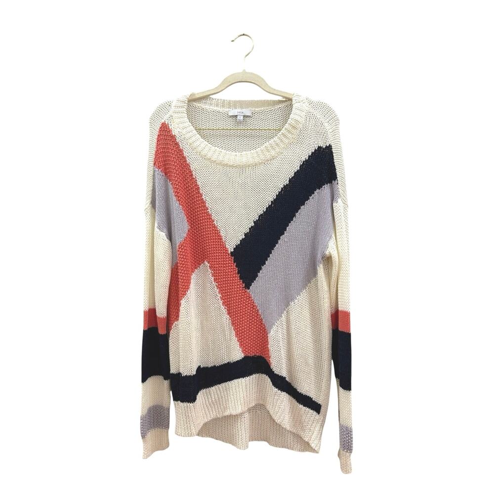 Joie Cream Crewneck Sweater with Coral, Black, and Gray Stripes